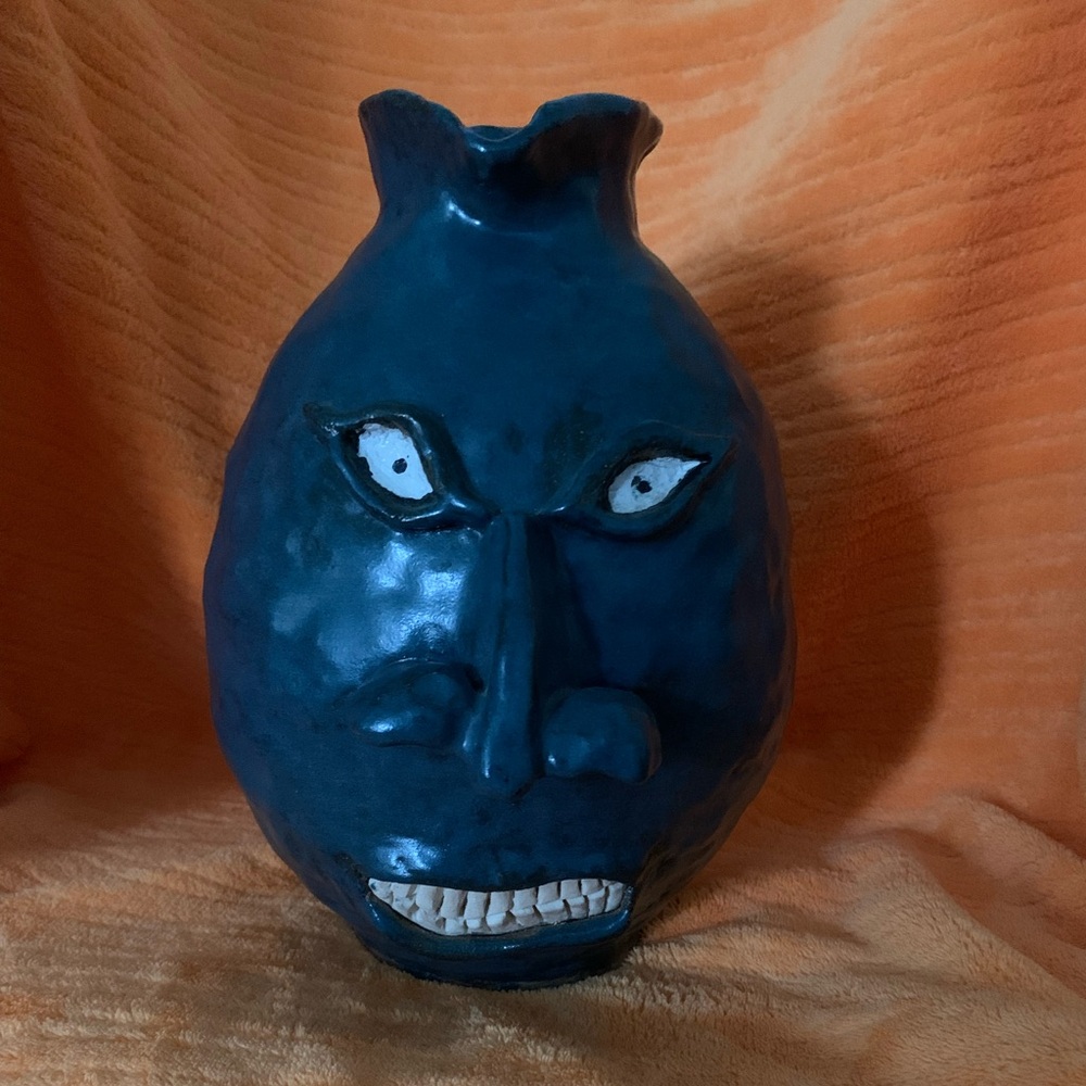 Large Blue Southern Folk Art Ugly Face Jug Pottery North Carolina